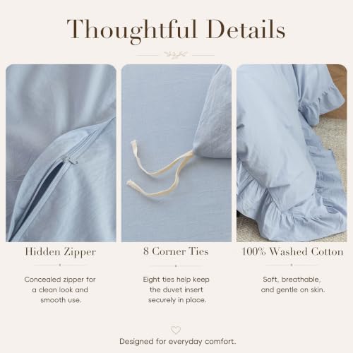 Ruffle Duvet Cover Set Queen - 100% Washed Cotton, 3 Pieces