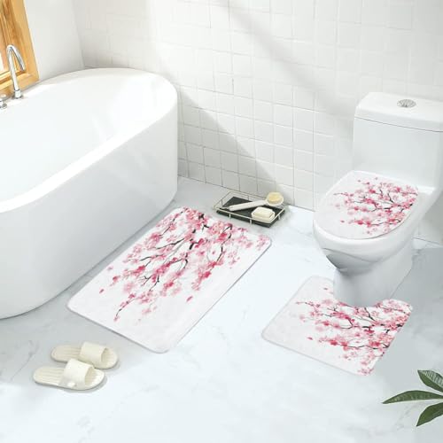 Pink Cherry Blossom 4-Piece Shower Curtain Set with Memory Foam Rugs