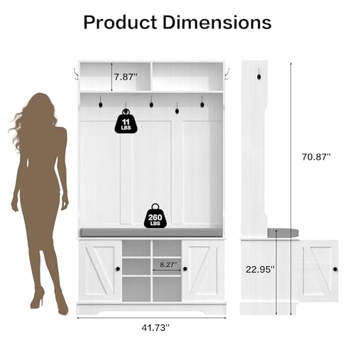 71-Inch Hall Tree with Bench, Shoe Storage and 7 Coat Hooks
