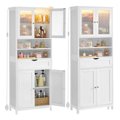 Freestanding Storage Cabinet with LED Lights and Adjustable Shelves, White
