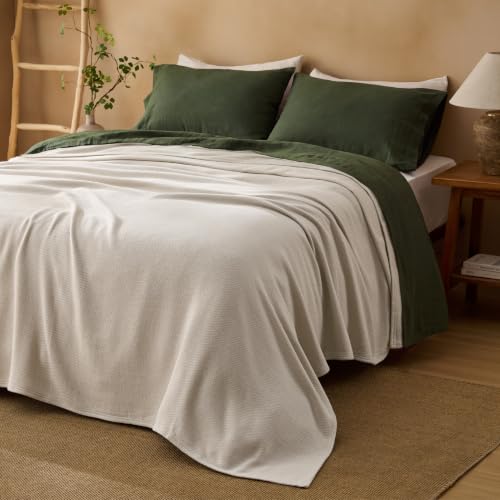 Bedsure 100% Cotton Queen Blanket - Lightweight Breathable Herringbone Woven Bed Blanket, Linen Beige