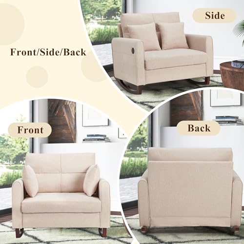 Oversized Upholstered Rocking Chair with USB Port and Side Pockets, Beige