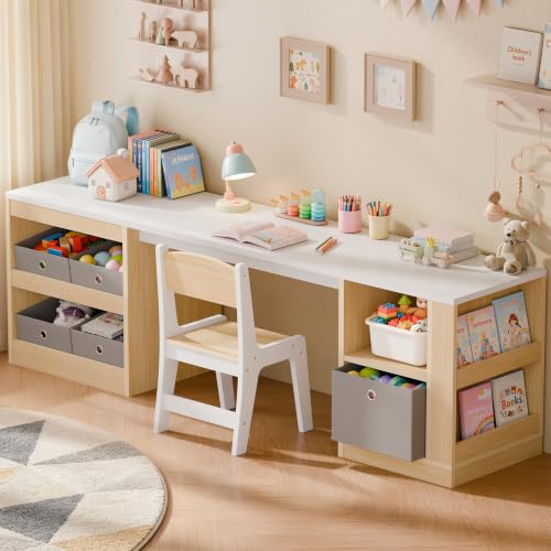 Kids Double Study Desk and Chair Set with Storage Shelves and Fabric Bins