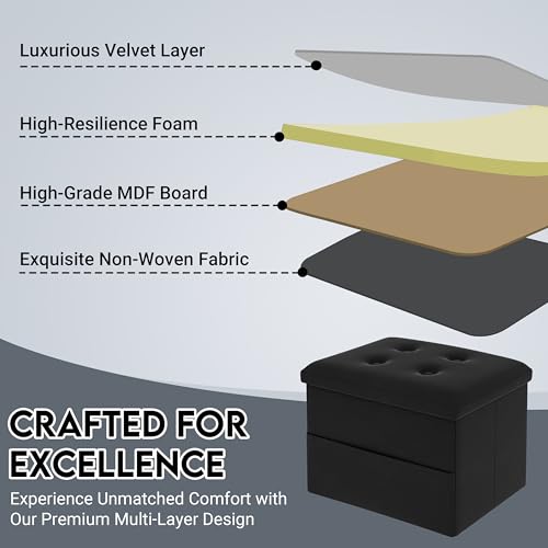 Small Velvet Storage Ottoman with Side Pocket, Foldable Footrest 16x12x12