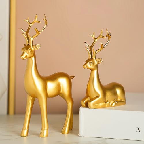 2-Piece Gold Reindeer Statue Set - Modern Resin Elk Holiday Home Decor
