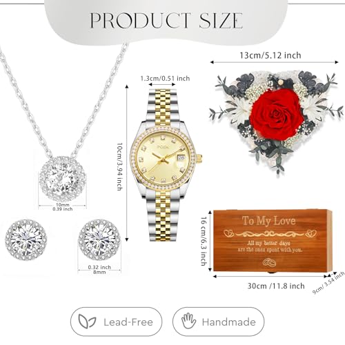 Pttozan Preserved Rose Jewelry Set with Necklace and Earrings - LOVE Words & No Interior - Romantic Gift for Women, Mother’s Day, Anniversary, Christmas