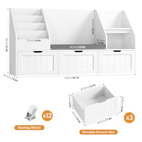 Kids Bookshelf and Toy Storage Organizer with Reading Nook and 3 Drawers