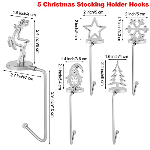 URATOT Silver Christmas Stocking Holders Set of 5 - Mantel & Fireplace Hooks with Elk, Star, Tree, Snowman, Gnome Designs