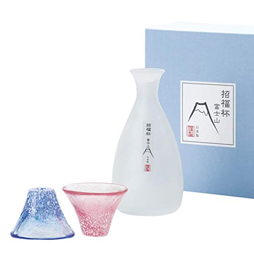 Blue, Red & White Cold Sake Set with Cups and Tokuri - Japan Made 3-Piece