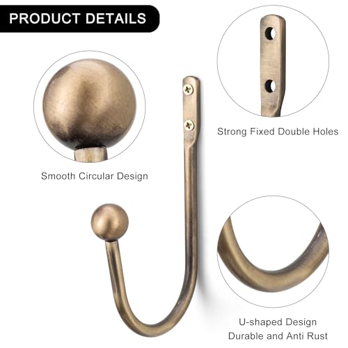 Decorative Brass Curtain Holdbacks - Set of 2 Rust-Proof Metal Wall Hooks