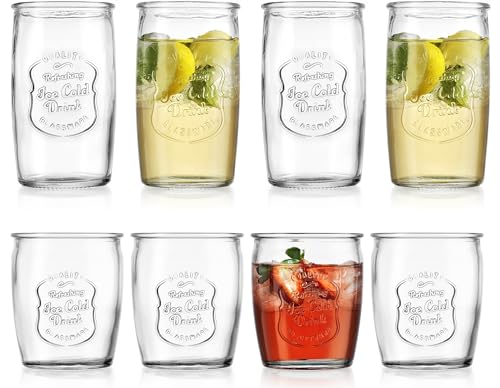 Glaver's 8-Piece Vintage Ice Cold Glass Set 20oz & 13oz Highball & Whiskey Glasses