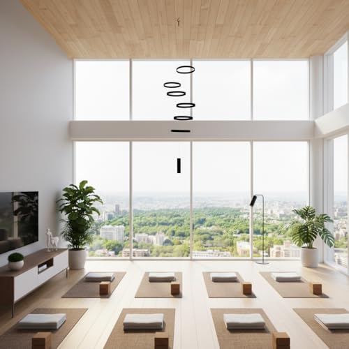 Modern Hanging Mobile with 6 Black Rings, 42-Inch Minimalist Art Decor