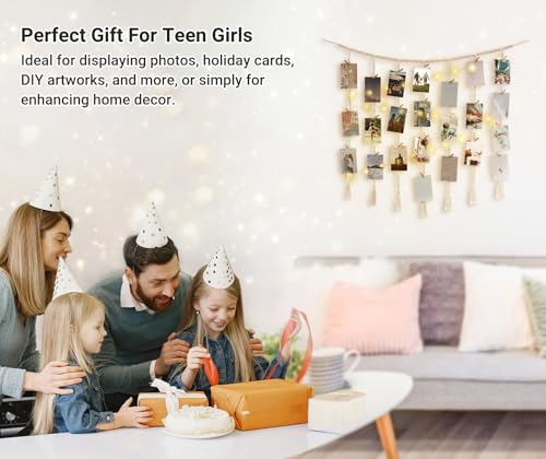Macrame Hanging Photo Display with LED String Lights and 45 Clips