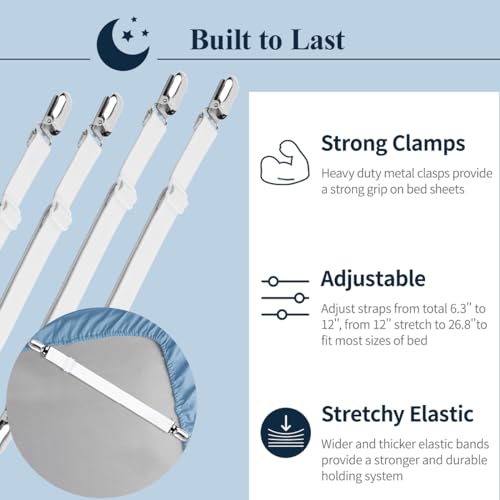 Adjustable Elastic Bed Sheet Straps - Heavy Duty Sheet Holder Clips (4 Pack)