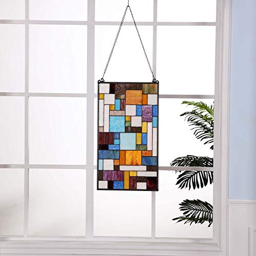 Geometric Color Block Tiffany-Style Stained Glass Window Panel 13x24