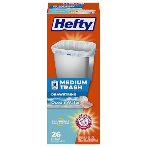 Hefty 8 Gallon Medium Drawstring Trash Bags, Ocean Water Scent (26 Count)