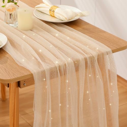 Windkream Champagne Gold 6-Piece Gauze Table Runner 10ft Glitter Sheer Decor