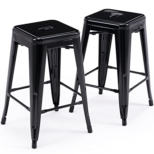 24-Inch Metal Bar Stools Set of 2, Stackable Indoor Outdoor Counter Stools