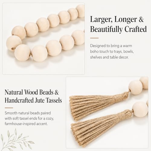 Extra Large Wood Bead Garland with Tassels - 41-Inch Rustic Farmhouse Decor