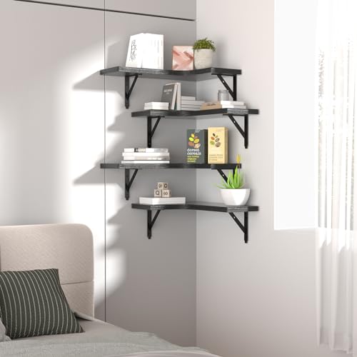 Rustic Wood Corner Floating Shelves - Wall Mounted Display Set of 4 (Black)