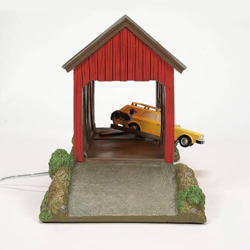 Illuminated Winter River Bridge Car Crash Collectible Village Building