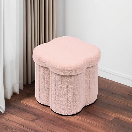 Flower Shaped Storage Ottoman Cube - Faux Teddy Fur Footstool (Pink, 12.6")