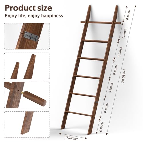6-Tier Wooden Blanket Ladder with Hooks - Rustic Farmhouse Towel Rack