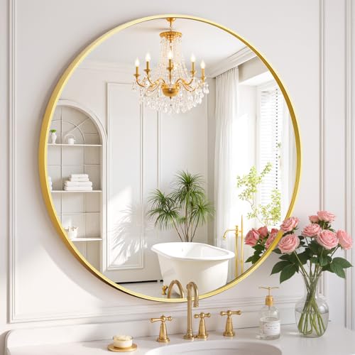 SageNest 30 Inch Gold Round Wall Mirror with Metal Frame - Modern Vanity, Entryway & Bathroom Decor