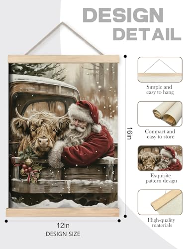 Rustic Highland Cow Santa Wall Art - 12x16 Inches, Farmhouse Christmas Canvas Print (Color 02)
