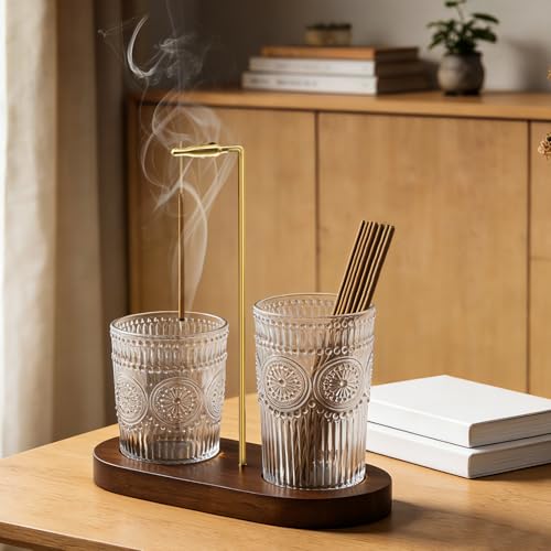2-in-1 Vintage Glass Incense Burner with Wood Base - Upside Down Ash Catcher