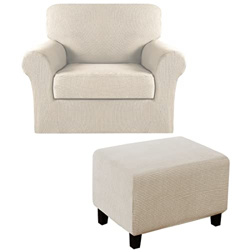 Stretch Fit Chair Slipcover with Ottoman Cover - Biscotti Beige