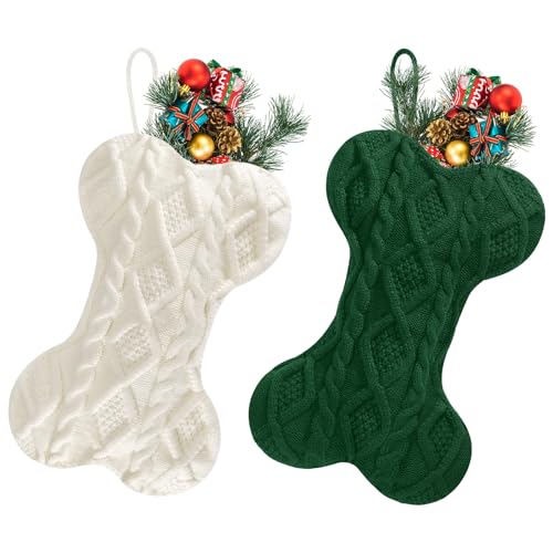 Doitory White-Green 2-Pack Large Knit Dog Christmas Stockings Bone Shape Holiday Decor