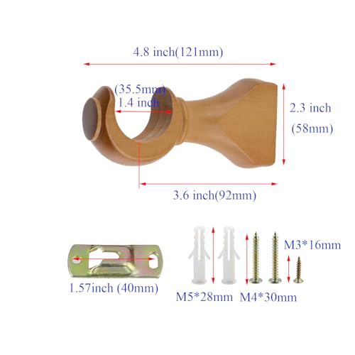 Solid Wood Curtain Rod Brackets for 1-3/8 Inch Poles, Set of 4