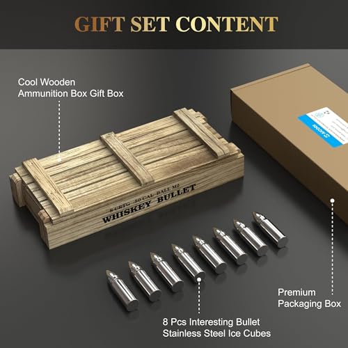 8Pcs Bullet Whiskey Stones - Reusable Stainless Steel Ice Cubes for Premium Drinks, Gift Set with Wooden Box