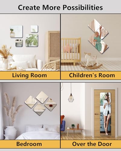 4-Pack 12x12 Inch Unbreakable Mirror Tiles, Peel and Stick Wall Mirrors
