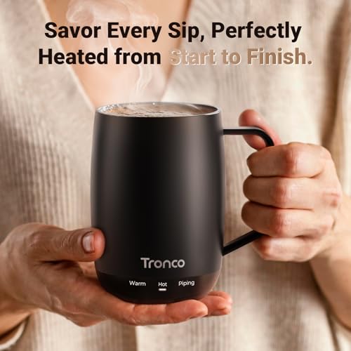 Tronco Blue 14oz Self-Heating Coffee Mug with Lid, 3 Temperature Modes, Rechargeable