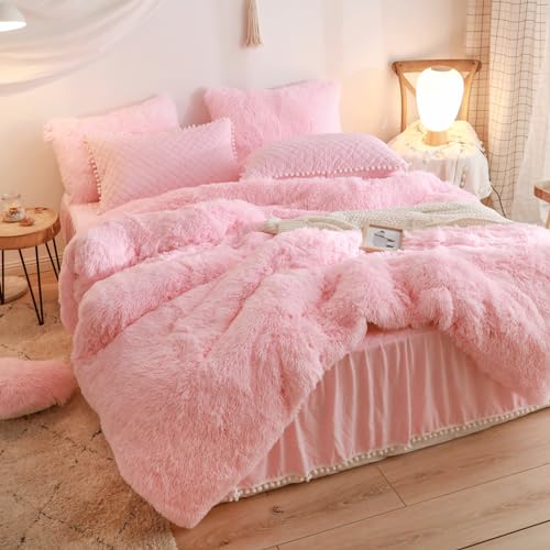 Fluffy Pink Faux Fur Duvet Cover Set - 3-Piece Queen Shaggy Bedding