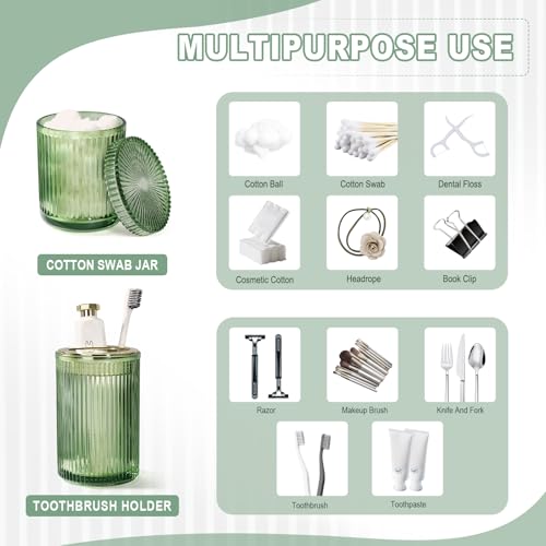 4-Piece Green Glass Bathroom Accessory Set, Vintage Ribbed Soap Dispenser