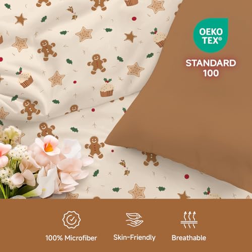 Erwinmu Christmas Duvet Cover Set, Queen Beige Cartoon – 1 Duvet Cover + 2 Pillowcases (No Comforter)