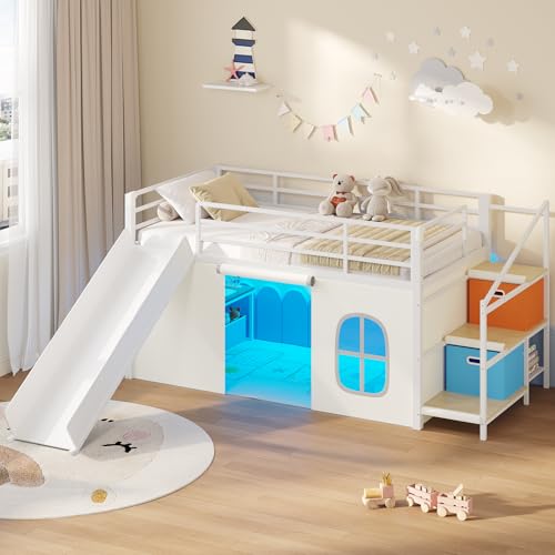 Twin Low Loft Bed with Slide, Storage Stairs, Desk, and Secret Fort