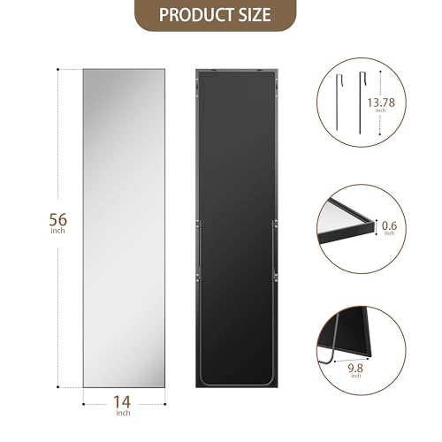 Full Length Floor Mirror with Stand, 56" x 14" Black Aluminum Frame Mirror
