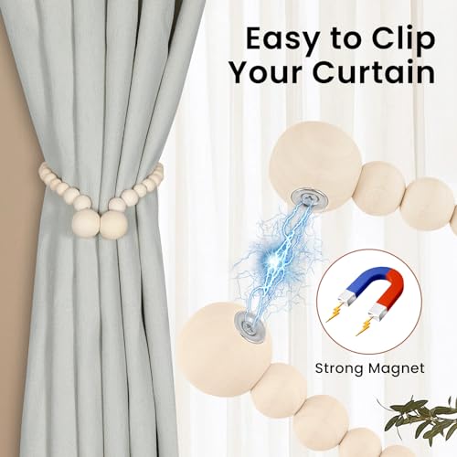 Magnetic Wood Bead Curtain Tiebacks, 2-Pack - No-Drill Drape Holdbacks