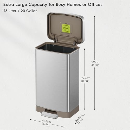 75 Liter Stainless Steel Step Trash Can with Rear Bag Storage