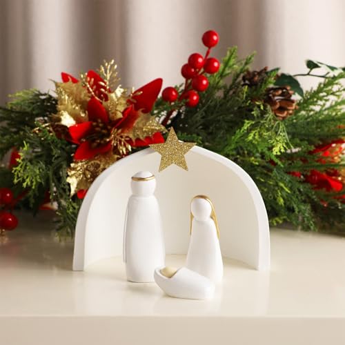 Miniature Nativity Set, 4-Piece Holy Family Resin Figurines for Christmas