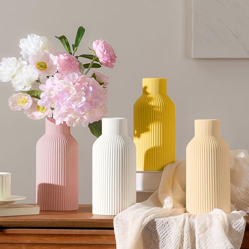 White Ceramic Flower Vase - 8 Inch Modern Minimalist Pampas Grass Vase
