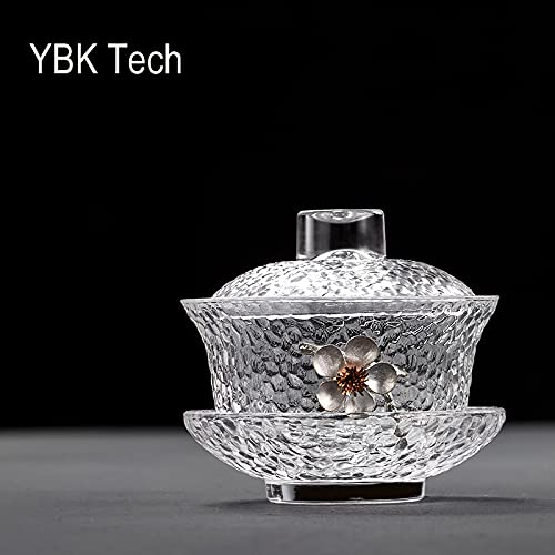 Eplze YBK Tech Crystal Gaiwan, Glass Kung Fu Tea Cup with Saucer and Lid, Chinese Traditional, Sancai Tea Bowl (Clear cup with plum flower)