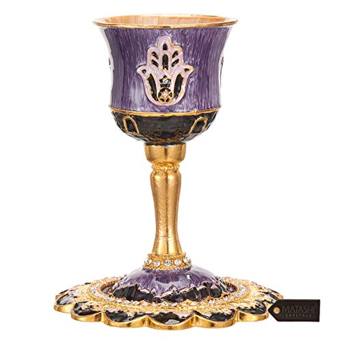5-Inch Hand-Painted Enamel Kiddush Cup Set with Tray and Hamsa Design