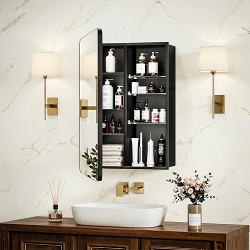 16x24 Black Medicine Cabinet with Mirror, Recessed or Surface Mount