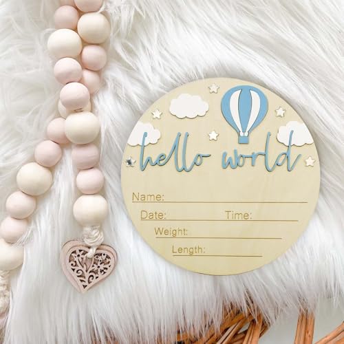 Wooden Baby Birth Announcement Sign - Hello World Newborn Keepsake