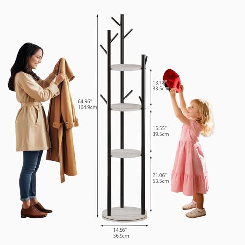 Rotating Coat Rack Stand with 9 Hooks and 4-Tier Storage Shelves, Grey